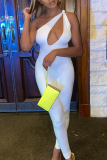 White Sexy Solid Hollowed Out One Shoulder Skinny Jumpsuits