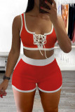 Tangerine Red Sexy Casual Solid Bandage U Neck Sleeveless Two Pieces