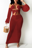 Rose Red Sexy Solid Hollowed Out Patchwork Frenulum See-through Halter Irregular Dress Dresses