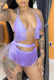 Purple Sexy Solid Tassel Hollowed Out Swimwears