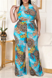 Yellow Blue Fashion Sexy Print Backless Halter Plus Size Jumpsuits
