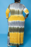 Yellow Casual Patchwork Tie-dye O Neck Plus Size Two Pieces