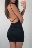 Black Sexy Solid Split Joint Spaghetti Strap Pencil Skirt Dresses