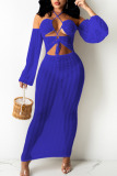 Blue Sexy Solid Hollowed Out Patchwork Frenulum See-through Halter Irregular Dress Dresses