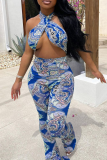 Royal Blue Sexy Print Patchwork Halter Boot Cut Jumpsuits