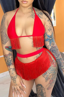 Red Sexy Solid Tassel Hollowed Out Swimwears