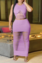 Purple Sexy Solid Ripped O Neck Sleeveless Two Pieces