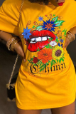 Yellow Casual Print Patchwork O Neck T-Shirts