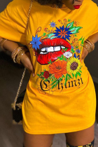 Yellow Casual Print Split Joint O Neck T-Shirts