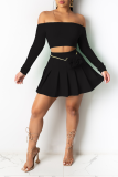 Black Sexy Solid Split Joint Off the Shoulder Long Sleeve Two Pieces