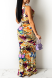 Colour Sexy Print Hollowed Out O Neck Trumpet Mermaid Dresses