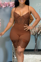 Brown Sexy Solid Split Joint See-through Spaghetti Strap Skinny Jumpsuits