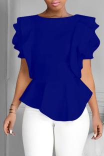 Royal Blue Fashion Casual Solid Split Joint O Neck Tops