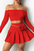 Red Sexy Solid Split Joint Off the Shoulder Long Sleeve Two Pieces