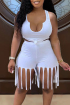 White Sexy Solid Tassel Split Joint Asymmetrical Collar Sleeveless Two Pieces