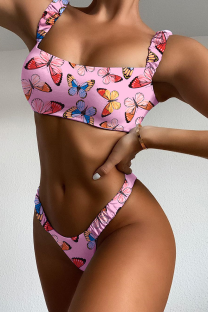 Pink Sexy Butterfly Print Split Joint Swimwears