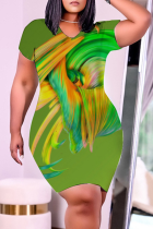 Green Casual Print Split Joint V Neck Pencil Skirt Plus Size Dresses
