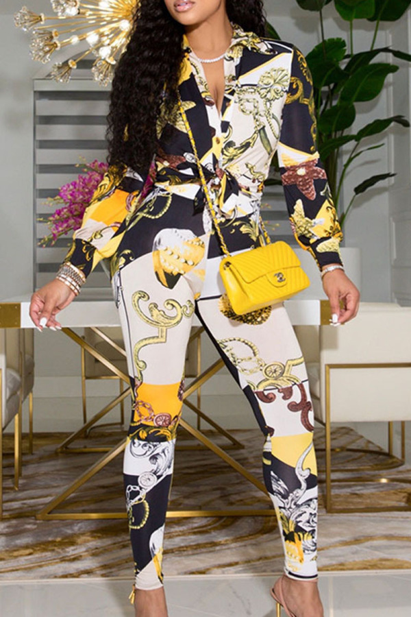 Black Yellow Street Print Patchwork Shirt Collar Long Sleeve Two Pieces
