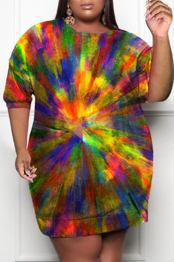 Rainbow Color Casual Print Split Joint O Neck Pencil Skirt Plus Size Dresses