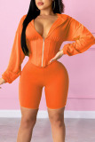 Orange Casual Solid Patchwork Hooded Collar Long Sleeve Two Pieces