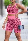 Rose Red Sexy Leopard Patchwork U Neck Sleeveless Two Pieces