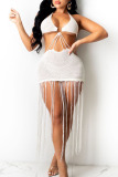 Dark Khaki Sexy Solid Tassel Hollowed Out Split Joint Backless Swimwears Cover Up