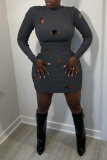 Black Sexy Solid Split Joint Half A Turtleneck Pencil Skirt Dresses