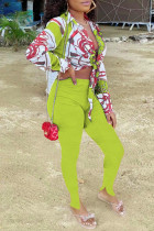Fluorescent Yellow Fashion Casual Print Bandage Strap Design Turndown Collar Long Sleeve Two Pieces