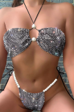 Black Sexy Patchwork Hot Drilling Pearl Swimwears