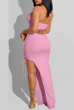 Pink Fashion Sexy Solid Hollowed Out Backless Strapless Irregular Dress