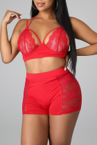 Red Sexy Solid Hollowed Out Make Old Mesh Spaghetti Strap Sleeveless Two Pieces
