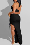 Black Fashion Sexy Solid Hollowed Out Backless Strapless Irregular Dress