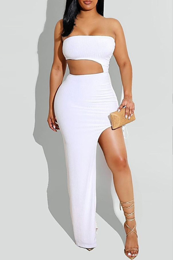 White Fashion Sexy Solid Hollowed Out Backless Strapless Irregular Dress