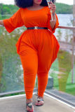 Tangerine Red Casual Solid Split Joint V Neck Plus Size Jumpsuits