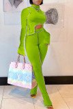 Fluorescent Green Casual Solid Patchwork Asymmetrical Half A Turtleneck Long Sleeve Two Pieces