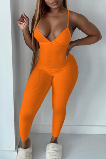 Tangerine Red Sexy Solid Patchwork Spaghetti Strap Skinny Jumpsuits