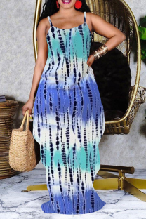 Blue Sexy Print Split Joint Spaghetti Strap Straight Dresses