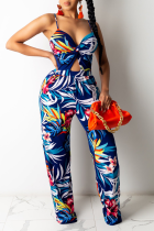 Baby Blue Sexy Print Hollowed Out Spaghetti Strap Straight Jumpsuits