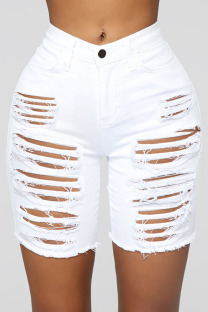 White Street Solid Ripped Hollowed Out Split Joint High Waist Straight Denim Shorts
