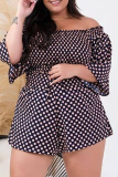 White Casual Dot Patchwork Off the Shoulder Plus Size Two Pieces