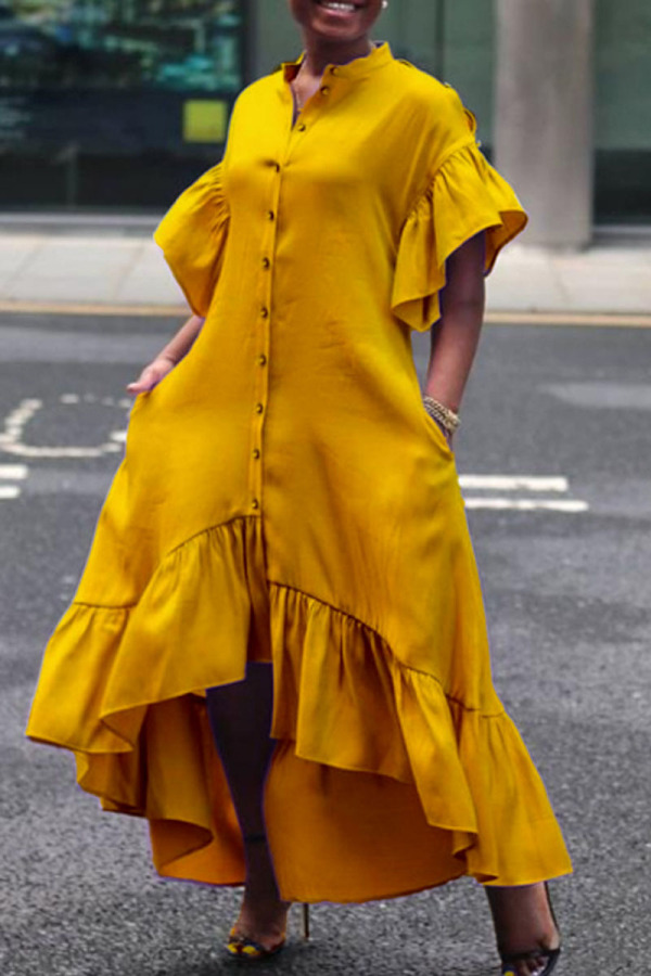 Yellow Casual Solid Patchwork Buckle Flounce Asymmetrical Half A Turtleneck Irregular Dress Dresses