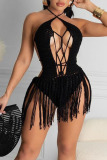 Black Sexy Solid Hollowed Out Patchwork Frenulum Swimwears Cover Up