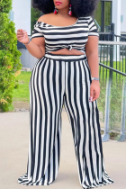 Black Casual Striped Split Joint O Neck Plus Size Two Pieces