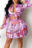 Pink Sweet Print Patchwork Turndown Collar Long Sleeve Two Pieces