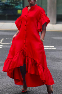 Red Casual Solid Split Joint Buckle Flounce Asymmetrical Half A Turtleneck Irregular Dress Dresses