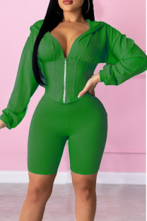 Green Casual Solid Split Joint Hooded Collar Long Sleeve Two Pieces