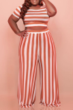 Black Casual Striped Split Joint O Neck Plus Size Two Pieces