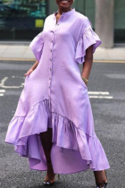 Purple Casual Solid Split Joint Buckle Flounce Asymmetrical Half A Turtleneck Irregular Dress Dresses