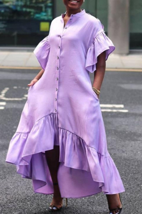 Purple Casual Solid Patchwork Buckle Flounce Asymmetrical Half A Turtleneck Irregular Dress Dresses