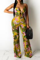 Yellow Sexy Print Hollowed Out Spaghetti Strap Straight Jumpsuits